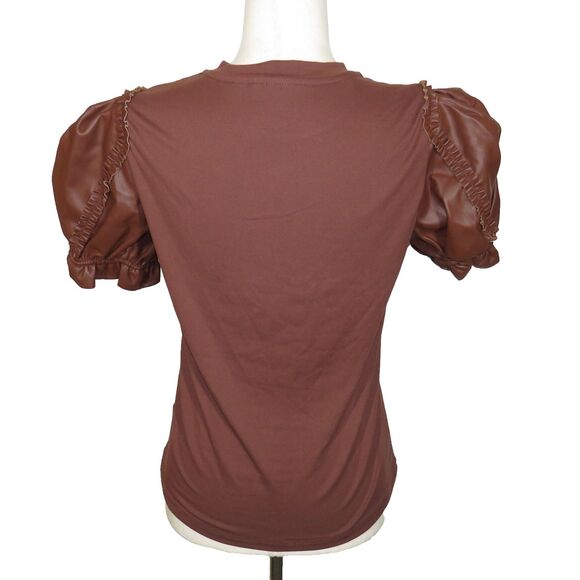 G by Giuliana G-Knit Top with Ruffled Faux Leather Sleeves Brown Size Medium - Picture 8 of 9